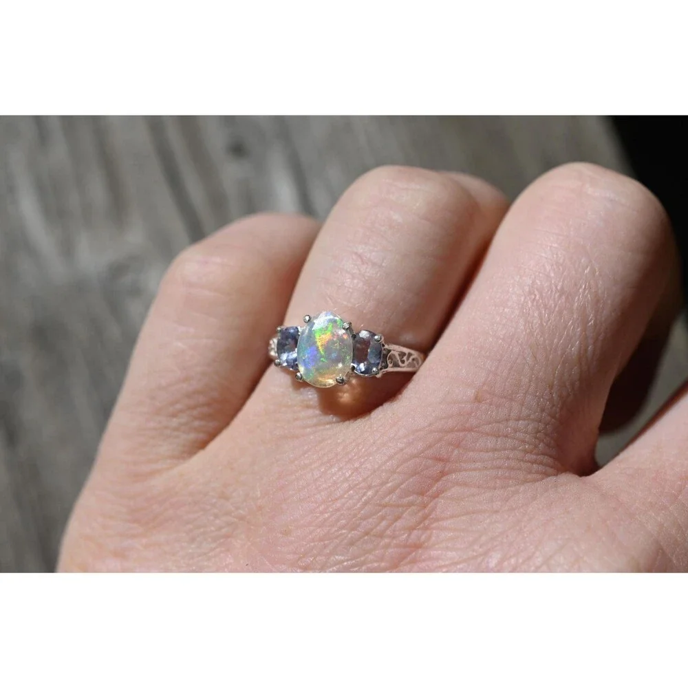 Ethiopian Opal and Tanzanite Ring Sterling Silver Oval Opal , October Birthstone